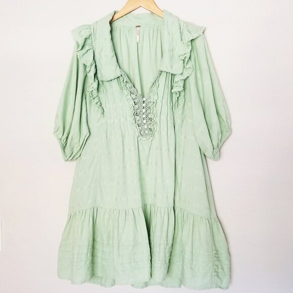 Free People Elora Pleated Ruffle Mini Dress L WindownpaneMermaid Tail Green $148 - Picture 5 of 14